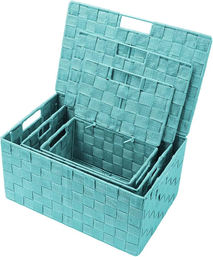 Sorbus Set of 3 Hand-Woven Storage Baskets with Lids – Decorative Wicker Organizers for Home, Closet, or Shelves (Aqua)
