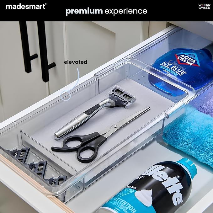 madesmart Drying Stone Drawer Organizer, Clear | diatomite, fast drying surface, divided layout, toothpaste floss, dental items, bathroom counter, woman owned