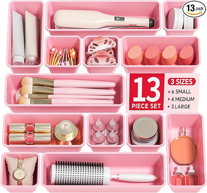 Canfanni 13 Pack Plastic Drawer Organizers Set, 3 Sizes Desk Drawer Organizer Trays for Vanity and Makeup Organizer, Organization and Storage for Makeup, Kitchen Utensils, Bathroom and Office(Pink)