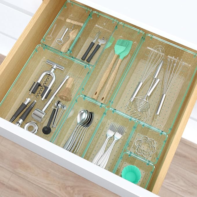 StorMiracle 13 PCS Clear Plastic Drawer Organizers Set, 4 Size Desk Drawer Organizer Trays for Makeup, Jewelry, Kitchen Utensils, Gadgets and Office Accessories, Sea Blue