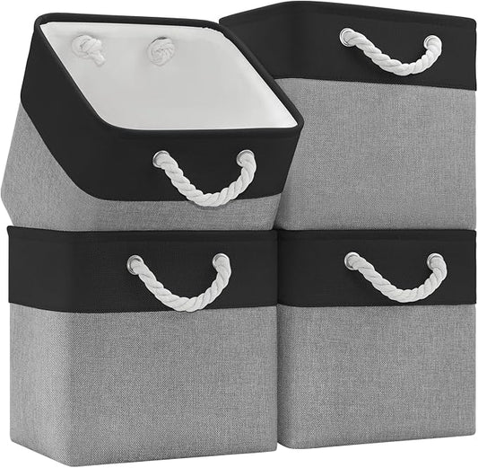 Patvingot 11-Inch Fabric Cube Storage Bins with Handles,4 Pack,Foldable | For cube shelves and closets,keeps grouped for everyday access,reinforced opening and fold-flat storage,dark and gray