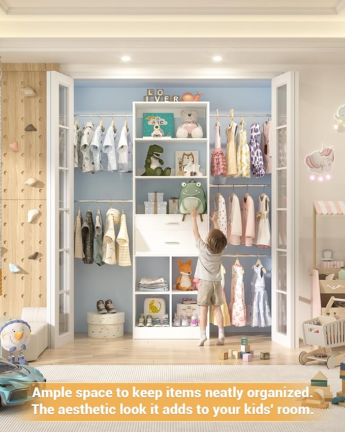 Besiost Small Closet System, 3.2-6.8FT Small Closet Organizer with 2 Wooden Drawers & 5 Hanging Rods, Can Fit 37.5 to 81.9 inch Walk-in Closet System, Built-in, White, Enclosed Storage Volume 2.32 ft³