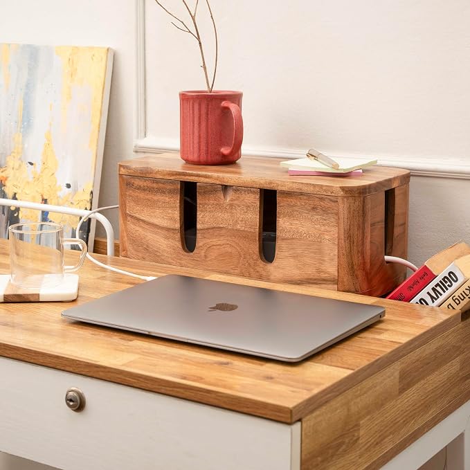 Acacia Cable Management Box - Rustic Design (Front Slots, Large) | Acacia Wood, Cable Organizer, Rustic Style, Modern Design, Desktop Storage