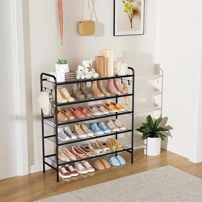 VILICK 5 Tier Shoe Rack 33" Wide Metal Shoe Organizer Long Shoe Storage with 4 Side Hooks Sturdy Shoes Shelf for Closet, Front Door Entrance, Garage, Dorm, Black