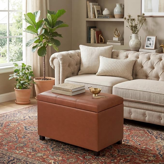 24" Leather Storage Ottoman Bench, Rectangle Foot Rest Stool for Living Room, Bedroom, Entryway, Cognac Brown