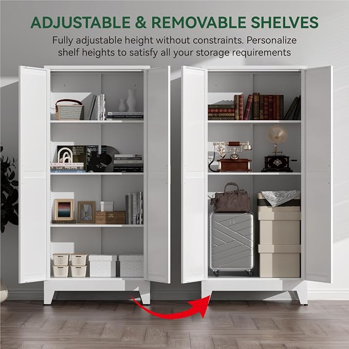 Kitchen Pantry Cabinet with Barn Doors,61" H x 27.5" W,Metal Farmhouse Storage Cabinet with Adjustable Shelves,4-Tier Storage Cabinet for Kitchen Dining Room Garage Office,White 1 Pack