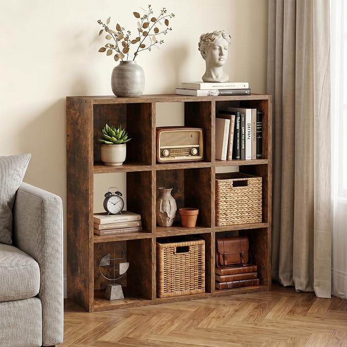 LUCKLIFE 9-Cube Storage Organizer, Stackable Modular Bookcase Shelf with Vertical or Horizontal Use, Fits 11×11" Bins, Optional Back Panels, for Living Room, Office, Vintage Brown