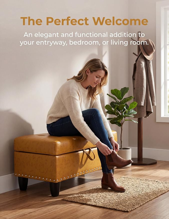 Ottoman with Storage, 28.5 inch Faux Leather Storage Ottoman with Padded Seat, Large Entryway Bench with Solid Wood Frame, Upholstered Sturdy Foot Rest for Living Room, Bedroom, Entryway