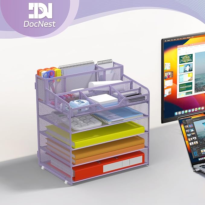 Docnest 5 Tier Mesh Desk Organizer with Letter Tray & Paper Sorter, Purple | Features 3 built-in pen holders & 5 adjustable compartments on top. Includes 4 non-slip rubber feet for desk protection
