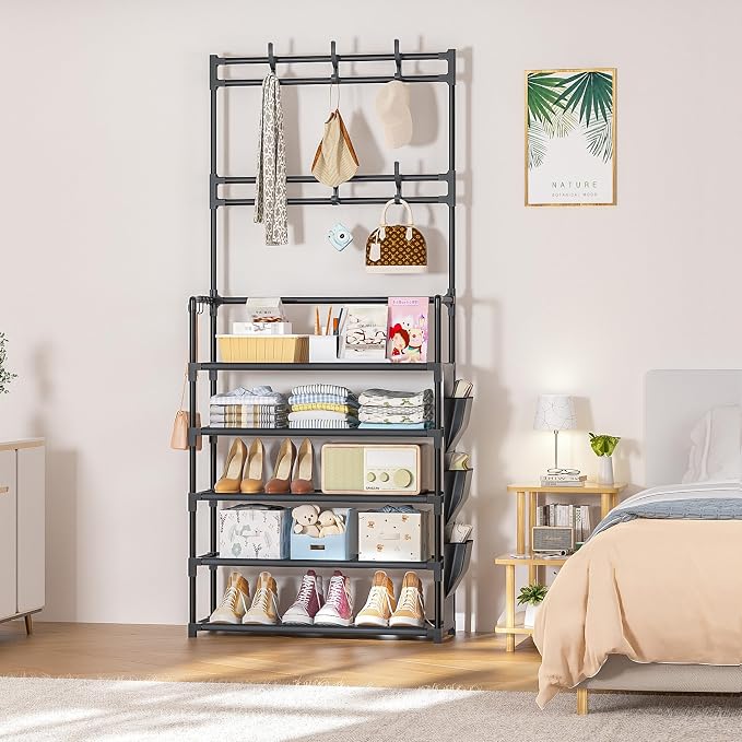 Shoe Rack 5 Tier Shoe Organizer Storage 15-20 Pairs for Closet Entrance | Stackable & Detachable Shelf with Hooks and Side Pocket Entryway Shoe Holder Space Saving Closet Organizers and Storage