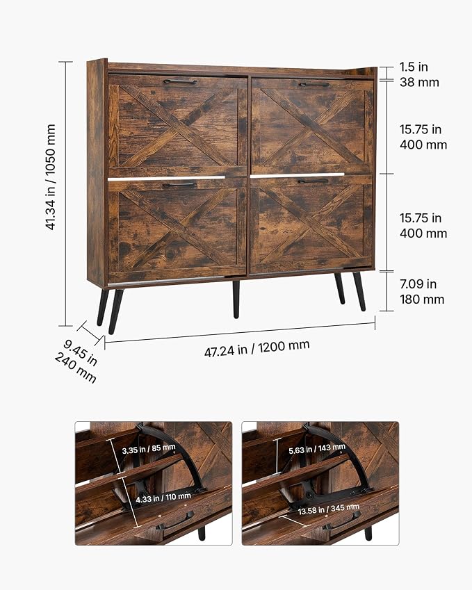 VEVOR Shoe Cabinet with 4 Flip Drawers, Farmhouse Shoes Storage Cabinet with Wood Legs and Anti-Tipping Device, Freestanding Shoe Organizer Ideal for Entryway, Hallway, Bedroom, Living Room, Brown