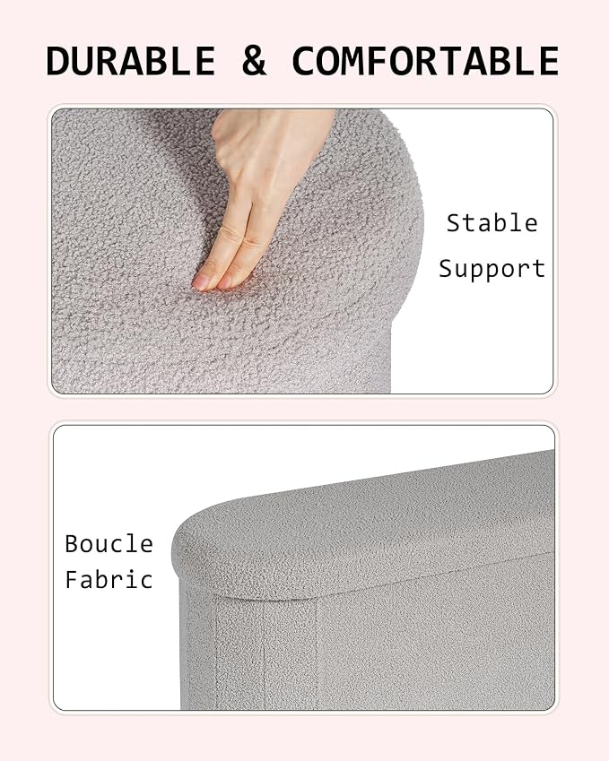 43.3 Inches Foldable Storage Ottoman Bench, Oval Footrest | Teddy Boucle Fabric, Hidden Storage, Soft Padded Seat, End Of Bed Bench For Bedroom, Living Room and Entryway, Grey