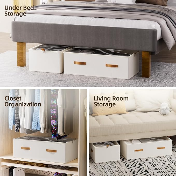 FHSQX 4 Pack Under Bed Storage Bins,10 Inch Tall,White, 31.5x15.8x10 inch | Clear Window, For Closet, Bed Sheets and Blankets