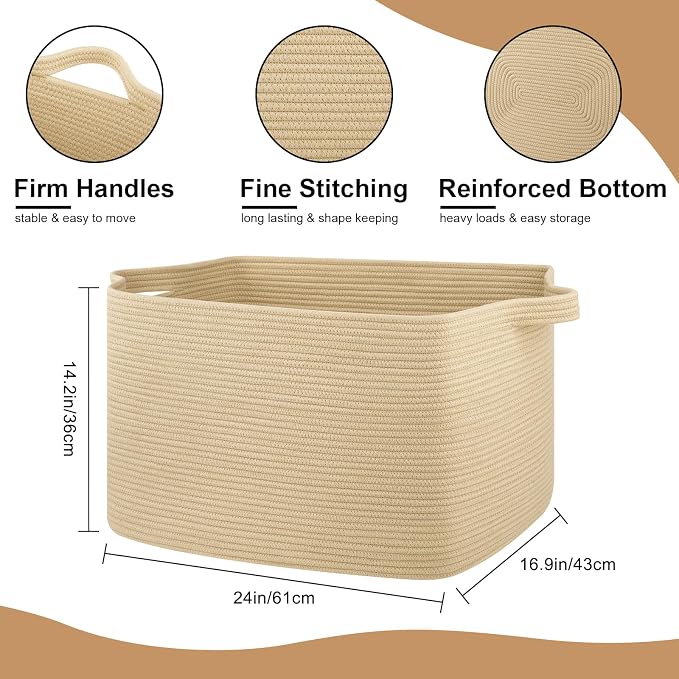 OIASKET 95L Extra Large Blanket Basket, 24" x 16.9" x 14.2" Woven Storage Basket for Living Room, Rectangle Nursery Blanket Storage for Toys, Towels, Dirty Clothes (Jute)