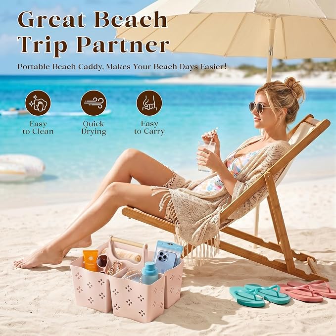 GVY Portable Plastic Shower Caddy, Large Capacity Shower Basket with Handle, Divided Bathroom Toiletry Organizer, Quick-Drain Shower Caddy for College Dorm Beach Kitchen Essentials, Cream