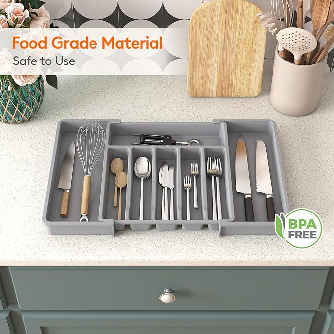Lifewit Extra Large Silverware Drawer Organizer, Expandable Utensil Tray for Kitchen, BPA Free Flatware and Cutlery Holder, Adjustable Plastic Storage for Spoons Forks Knives, 13-22 x 15, Gray