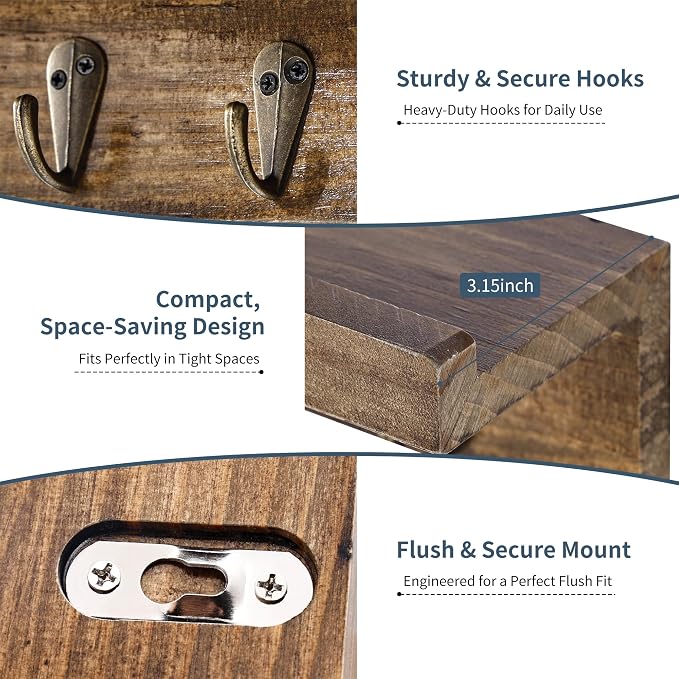 Gulex Key Holder Wall Mount, Rustic Wooden for Organize Keys and Mail