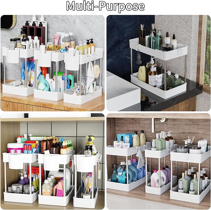 3 Pack Under Sink Organizer Bathroom and Storage Cabinet (White) | 2 Tier with Hanging Cups for Kitchen