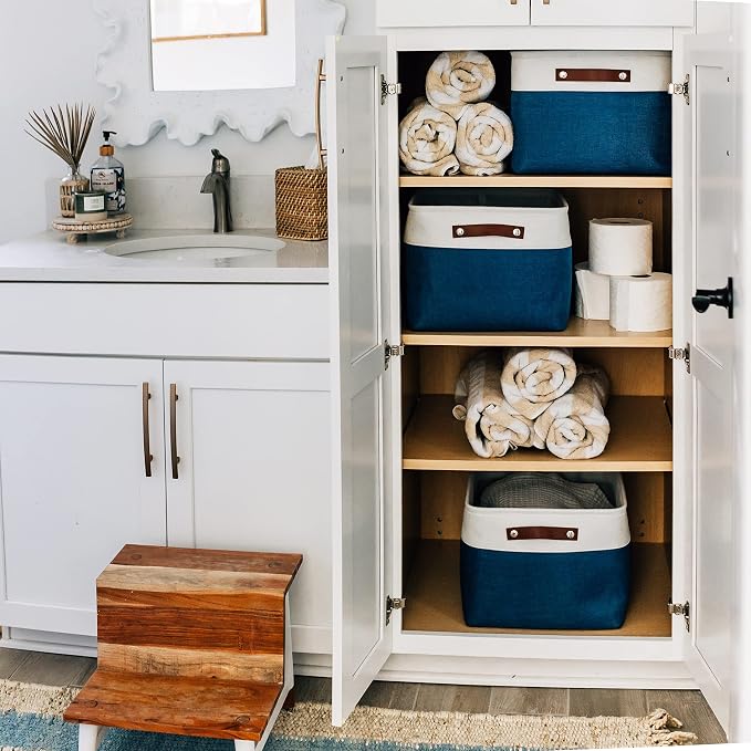 OrganiHaus 16x12.5in Storage Baskets, 3 Pack - Fabric Bins for Shelves | Vegan leather handles; a decorative linen closet organizer, towel and clothes container