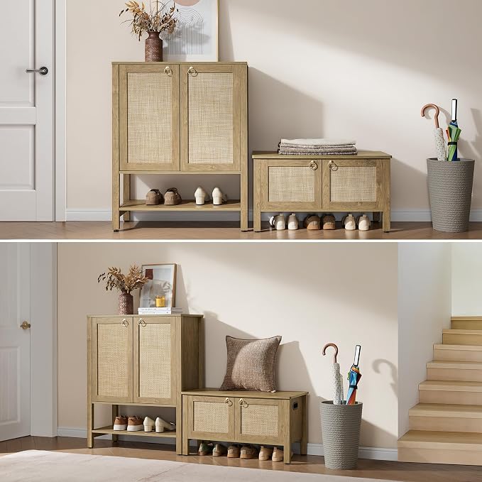 SICOTAS Rattan Shoe Cabinet with Storage, 5 Tier, 3 Pieces | Boho Shoe Organizer with Doors & Shelves, Free Standing Shoe Rack Storage Cabinet for Entryway, Living Room (Carbon Cherry)