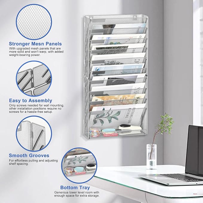 EasyPAG Wall File Holder 10 Tier Mesh Hanging Folder Organizer with Flat Tray Wall Mounted Mail Organizer Magazine Paper Desk Shelf with Nametag Label for Office Home School, Silver