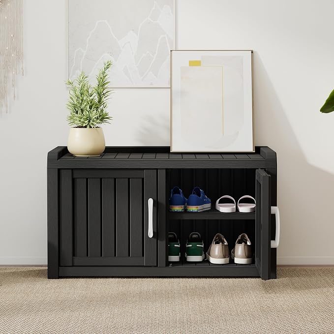Outdoor Shoe Storage Cabinet, Waterproof UV-Resistant Entryway Storage Bench Indoor Outdoor with 2 Barn Doors, Adjustable Shelves for Entryway, Bedroom, Hallway,Living Room(Black)
