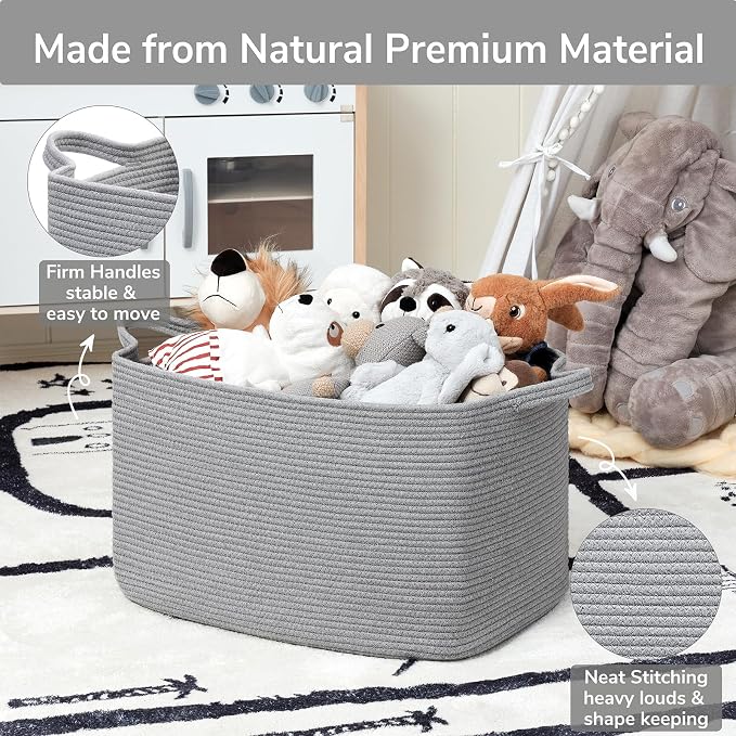 Goodpick Large Toy Storage Basket, Woven Rope Organizer, Gray | 21.6 x 14.9 x 11.8 in, Reinforced Handles, Living Room, Bedroom & Nursery Organization, Toys, Blankets & Towels Storage