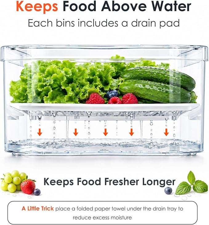 SMRCAD 8 Pack Clear Fridge Organizer Bins with Drain Trays - Stackable | BPA-Free PET, 8 Pack: 1 Drawer + 7 lidded Bins, Helps Keep Produce Fresh, 18.3L Capacity, Hand Wash Only