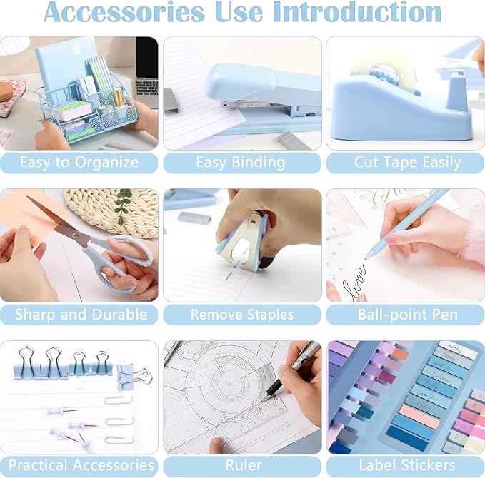 Scindaly Blue Office Desk Accessories Supplies, 10pcs Desk Organizers and Accessories with Tape Dispenser and Stapler,Staples,Scissor,Ruler,Sticky Tabs,Tape,Ballpoint Pen,Clips Set