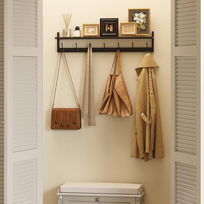 BAMEOS Wall Hooks with Shelf 35 Inch Length Entryway Hanging Shelf Wood Coat Hooks Wall-Mounted Coat Hook Rack with 7 Dual Hooks for Bathroom, Living Room, Bedroom (Black)