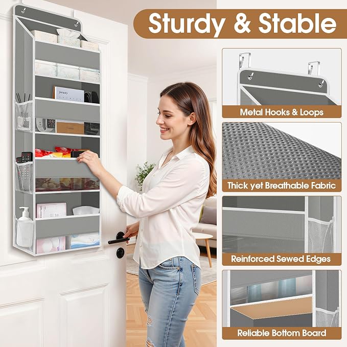 Over The Door Organizer Storage behind Door Hanging Organizer for Nursery | 4 Tier, 6 Side Pockets, Clear Window, Sturdy Construction, Space-Saving Storage for Closet, Bedroom, Bathroom & Nursery