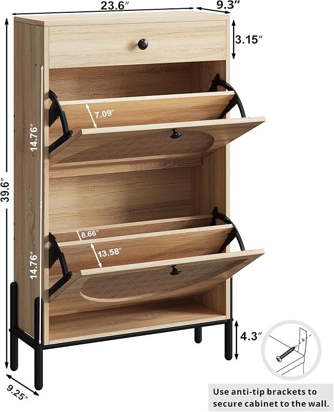 IRONCK Narrow Shoe Cabinet with 2 Flip Drawers and Rattan Doors, Oak | Shoe Storage Cabinet for Entryway, Free Standing Shoe Storage Organizer, Adjustable Shelves, Shoe Rack Cabinet