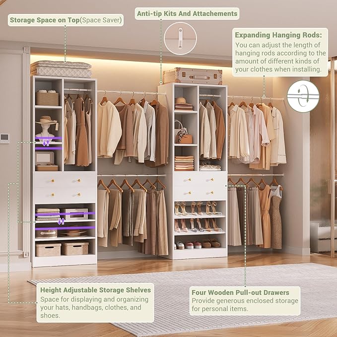 Besiost Closet System, Up to 134"/11.2 FT Closet Organizer with 4 Wooden Drawers and Shelves, Walk-in Closet System with 6 Hanging Rods, Built-in Closet Can Fit 96"/8FT, 120"/10FT, White Set 2