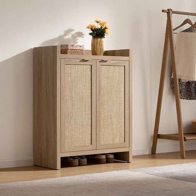 SICOTAS Shoe Cabinet Set of 2 Large Capacity Shoe Storage Organizer Cabinet | Tall Rattan Shoe Cabinet with Doors and Shelves, 6-Tier Farmhouse Boho Wooden Storage Cabinet for Entryway, Light Oak