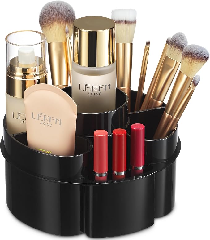 Masirs Small 360 Rotating Makeup Organizer - Mini Yet Spacious Cosmetic Storage Solution with Multiple Compartments - The Perfect Spinning Make-Up Caddy for Vanity or Bathroom Counter (Round - Black)