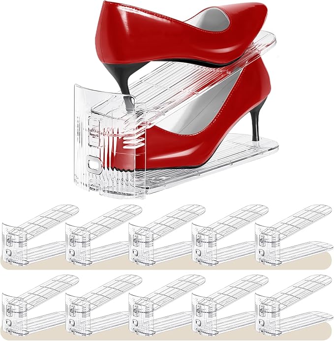 Shoe Slots Organizer 10 Pack - Shoe Stackers,3 Levels Adjustable,Space Savers 50%,Double Layer Holders for Closet (Transparent),Organizador de Zapatos