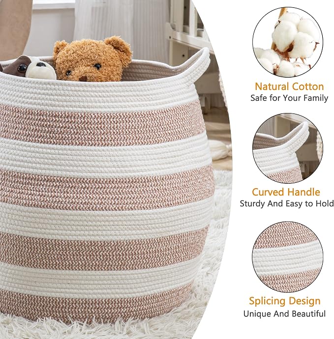 KAKAMAY Woven Baskets for Storage(17"x17"),Large Cotton Rope Woven Baby Laundry Hamper,Collapsible Laundry Basket, Blanket Basket for Organizing Living Room,Nursery,Pillows,Toy Chest(Rose)