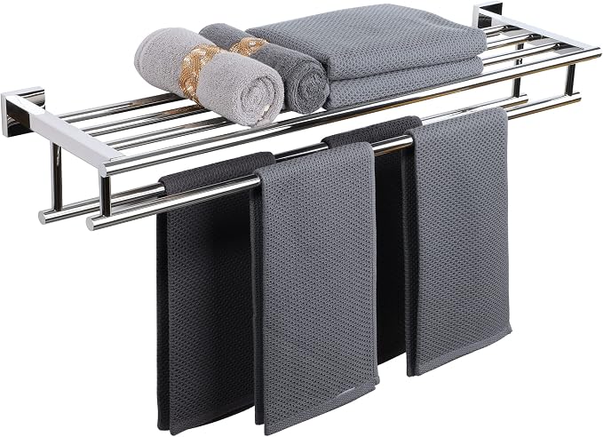Alise 32 Inch Double Towel Rack for Bathroom Wall Mounted,Polished Chrome | SUS304 Stainless Steel Towel Rack with Shelf,Bathroom Tower Holder Towel Shelf with Double Towel Bars for Bath Kitchen