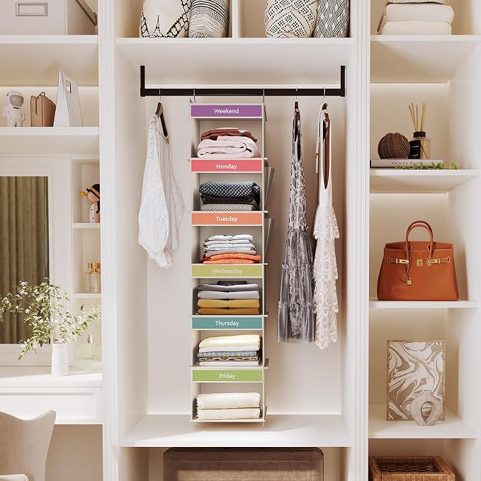 YOUDENOVA Weekly Clothes Organizer for Kids, Hanging Closet Organizer, Grey | Days of the Week Clothes Organizer, Reinforced Bamboo Slats, Kids' School Outfit Planning, Breathable Fabric, 2 Side Pockets