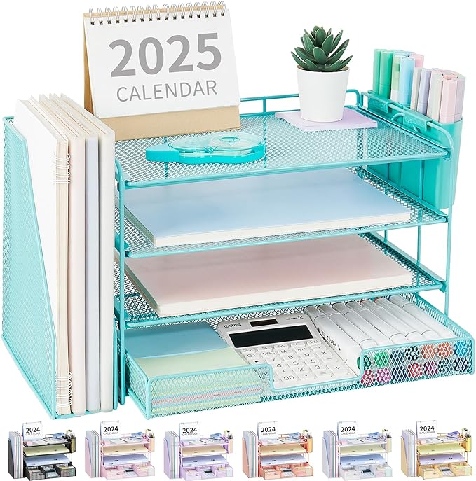 OPNICE Desk Organizer, 4-Tier Desktop File Organizer with Drawer and Pen Holders, Office Desk Accessories, File Sorters, Workspace Organizers for Office Supplies(Teal Blue)
