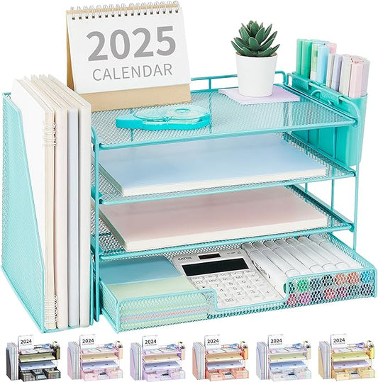 OPNICE Desk Organizer, 4-Tier Desktop File Organizer with Drawer and Pen Holders, Office Desk Accessories, File Sorters, Workspace Organizers for Office Supplies(Teal Blue)
