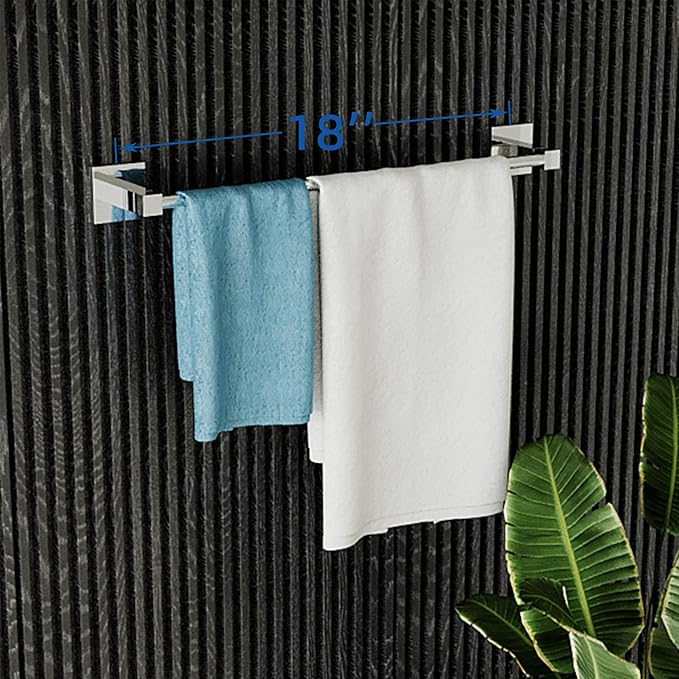 RUACQ Towel Bar 18" Towel Racks for Bathroom Wall Mounted, Chrome | One-Piece Bath Towel Holder, Total Length 20 Inch Single Towel Rod, 304 Stainless Steel Rustproof, Square Base, Heavy Duty