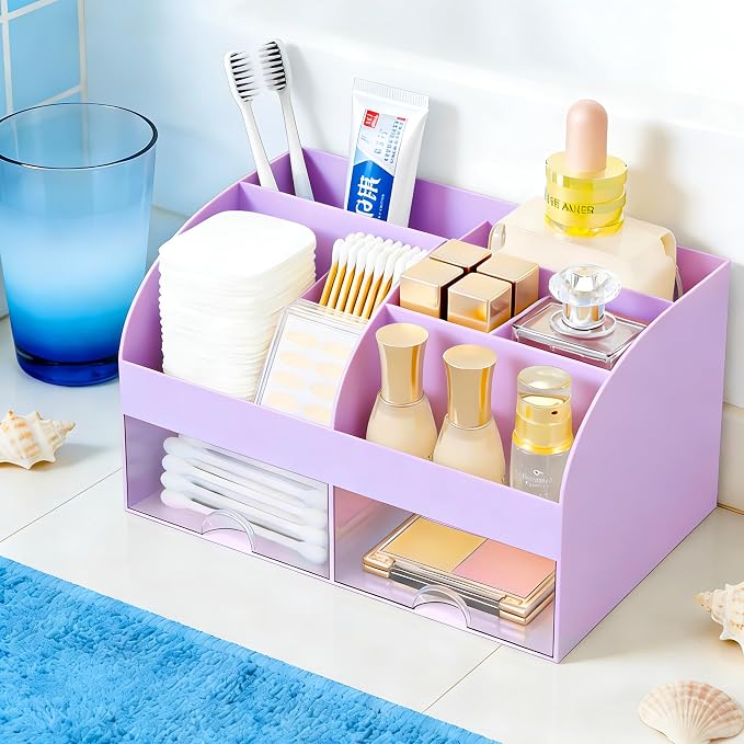 Makeup Organizer with 2 Drawers, Cosmetic Storage for Dresser Vanity and Bathroom Countertop,Make up organization and Skincare Storage with Beauty Brush Holder, Cosmetic Display Case (Purple)