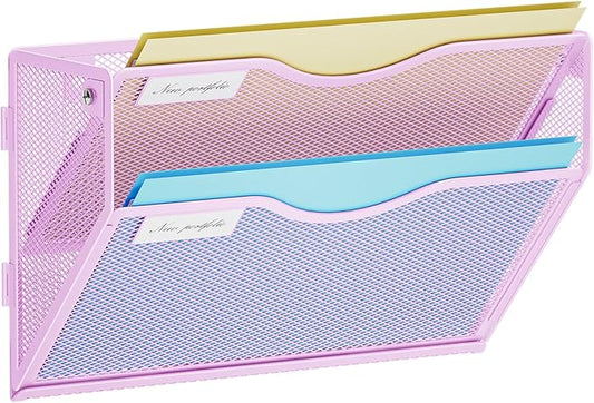 Marbrasse Wall File Holder 2-Tier Hanging Wall File Organizer, Mesh Mail Holder for Papers, Wall Mount File Clipboard & Magazine Organizer Great for Office Home (Purple)