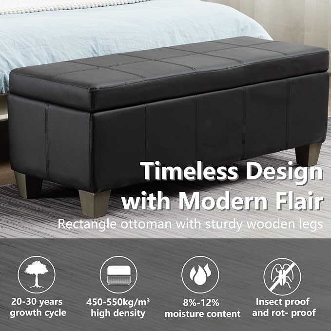 41" Storage Ottoman, Storage Bench with Safety Hinge, Upholstered Synthetic Leather Ottoman Bench for Bedroom, Living Room, Entryway, Hallway, Foot Rest, Support 500lbs, Black