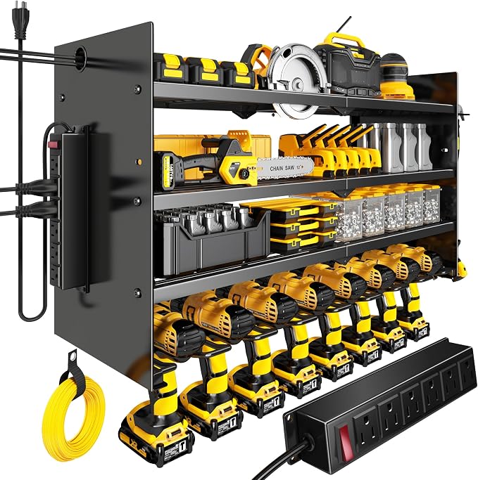 Hipidian Adjustable Power Tool Organizer Wall Mount with Charging Station - 650lb Capacity 4 Layer Heavy Duty Storage Rack with 8 Drill Holders for Garage Workshop Tools, Gifts for Men