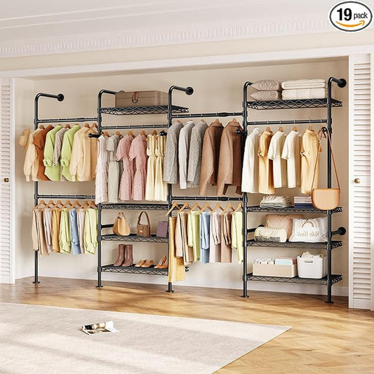 Closet Organizers and Storage, 4-Row Heavy Duty Clothes Rack for Hanging Clothes, Wall Mounted Closet System with 4 Telescopic Rods, 2 Fixed Rods, 5 Hooks, 8 Shelves for Wardrobe, Bedroom, Small Space