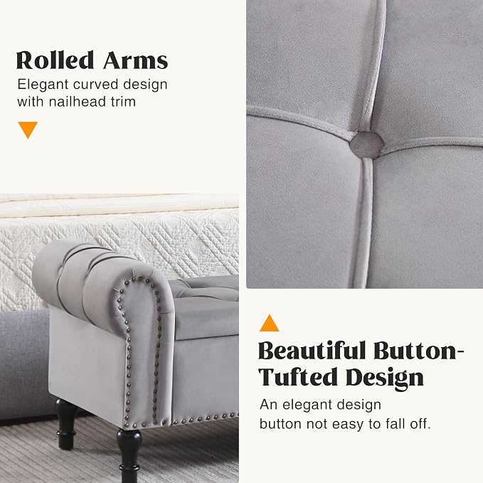 Velvet Storage Bench 67 Inch Upholstered Tufted Ottoman Bench with Arms King Size End of Bed Bench for Bedroom Living Room Entryway Light Grey