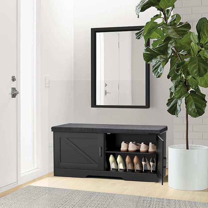 HOMSHO Farmhouse Shoe Storage Bench with 2 Barn Doors & Padded Seat Cushion | 39.4" Wide Entryway Bench with Adjustable Shelves & Hidden Storage, Black