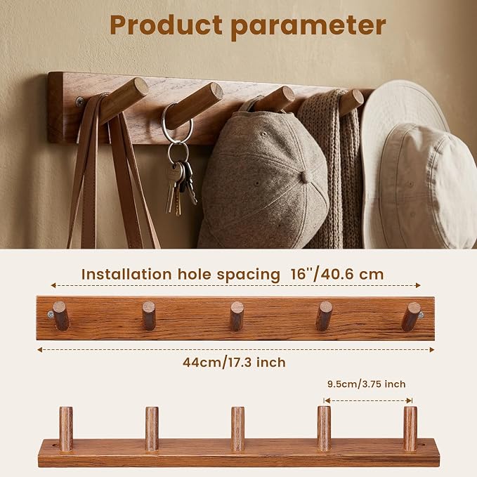 Natural Teak Wall-Mounted Coat Rack (Set of 2, 16'' Hole to Hole) - Farmhouse Entryway Hooks with 5 Wooden Hooks Each, Rustic for Bathroom, Mudroom 2P